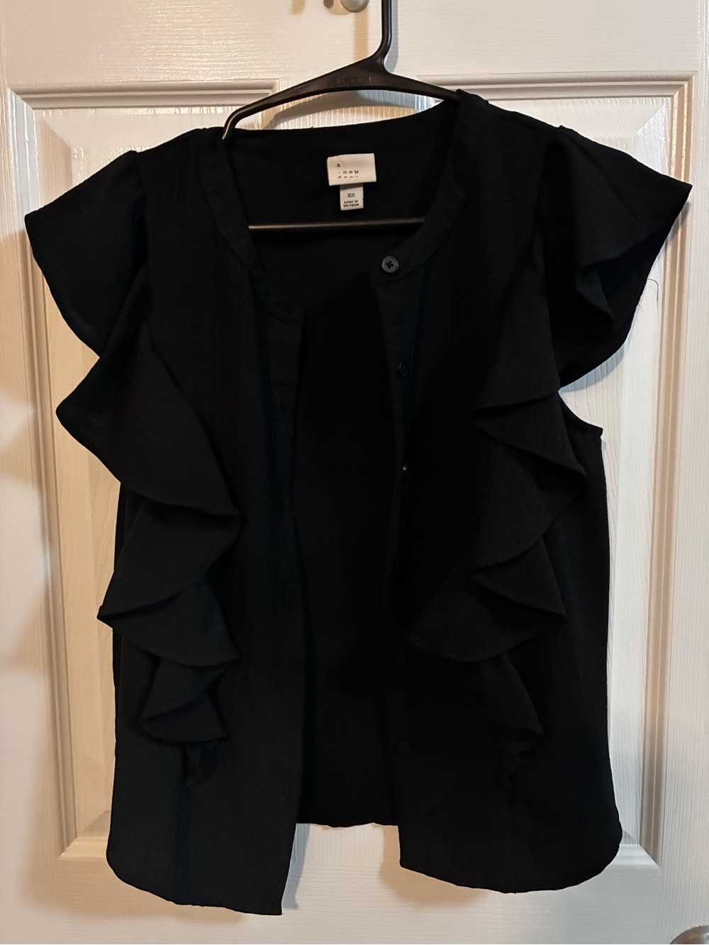 a new day Black Ruffle-Accent Button Down Blouse